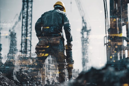 A construction worker uses a jackhammer to break apart the ground at a busy building site, surrounded by cranes and machinery under a clear sky.の素材