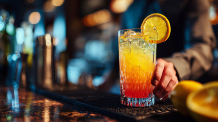 A skilled bartender artfully mixes a colorful cocktail using fresh lemon and orange juices, showcasing vibrant colors on a stylish bar counter.の素材