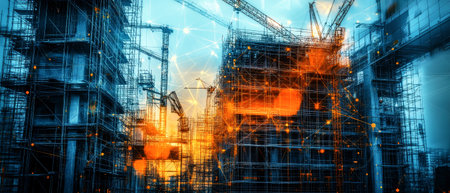 Cranes and scaffolding soar over a new building site, showing bright network connections that emphasize sustainable urban design efforts.の素材