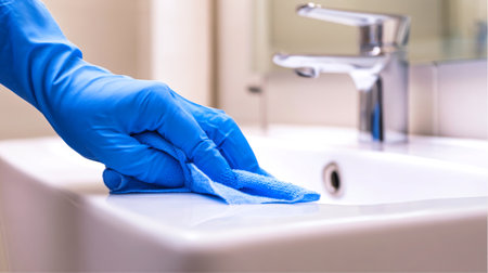 A hand wearing a bright blue rubber glove is cleaning a white sink with a cloth in a bright, elegant bathroom filled with natural light and mirrors.の素材