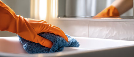 A hand wearing an orange rubber glove wipes down a white sink using a dark blue cleaning cloth in a light and airy bathroom.の素材