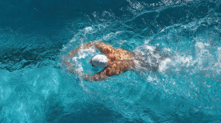 A male swimmer glides effortlessly through an olympic pool, his powerful strokes creating waves in the vibrant blue water, capturing the essence of competitive swimming.の素材