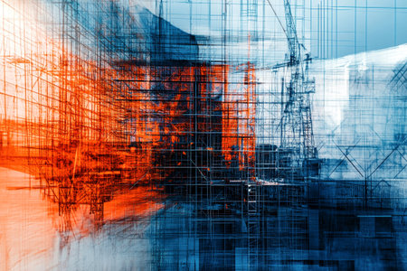 Cranes and scaffolding create a dynamic construction site backdrop, enhanced by vibrant orange and blue colors symbolizing sustainable and smart urban design.の素材
