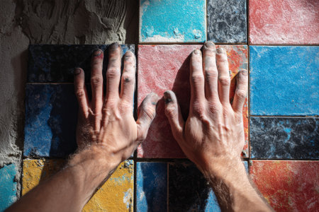 Hands expertly place colorful ceramic tiles onto a concrete wall, capturing the intricate details of craftsmanship during a lively tiling process.の素材