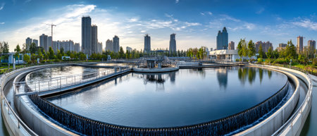 A sprawling water treatment plant reflects the urban skyline, with clear blue skies and vibrant greenery highlighting its dedication to sustainability and innovation.の素材