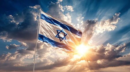 Sunrise casts a warm glow over the Israeli flag waving proudly against a backdrop of dynamic clouds and blue sky, evoking feelings of unity and hope.の素材