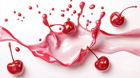 A vivid cherry milk splash occurs as fresh cherries are immersed, creating striking visual effects and showingcasing realistic, sharp details against a clean backdrop.の素材
