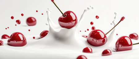 A dynamic splash of milk surrounds fresh cherries, creating a visually striking scene ideal for product packaging and food photography.の素材