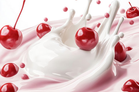 A dynamic splash of cherry milk features rich red cherries bursting through the smooth white liquid, highlighting vivid colors and sharp details.の素材