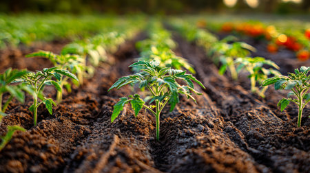 Tomato seedlings grow in neat rows on a farm field, showing rich soil and vibrant greenery under warm sunlight. This scene captures the essence of farming.の素材