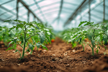 Healthy tomato plants arranged in rows within a greenhouse, showing vibrant greenery and soil, emphasizing effective farming practices.の素材