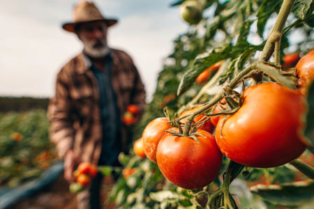Farmer stands among lush tomato plants, carefully selecting ripe tomatoes ready for harvest in a colorful field under beautiful lighting.の素材