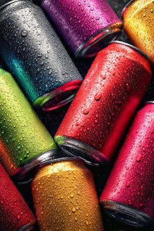 Brightly colored aluminum cans are stacked closely together, showcasing vibrant hues and glistening water droplets on their surfaces, creating a lively visual display.の素材