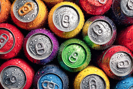 Brightly colored aluminum cans sit together, each covered in water droplets, creating a refreshing and inviting scene in a casual setting.の素材