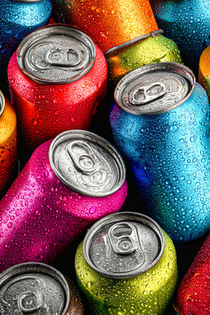 Brightly colored aluminum cans gather with droplets of water on their surface, showcasing vibrant hues during a lively summer event.の素材