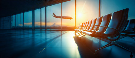 Sunlight fills the airport waiting area as an airplane takes off in the background, highlighting empty seats arranged neatly in the lounge.の素材