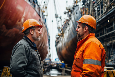 Workers in professional attire discuss upcoming sea voyages at a bustling dry dock filled with ships under construction, showcasing a vibrant industry atmosphere.の素材