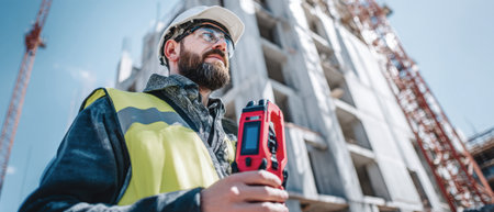 Engineer conducts measurements using a digital protractor and laser level while managing blue marking lines near a concrete column at a warehouse site.の素材