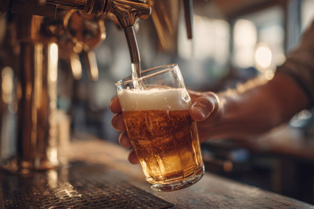 A man's hand expertly pours a golden lager from a tap at a vibrant bar, showing the refreshing drink and the lively atmosphere around him.の素材