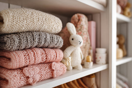 Woolen children's clothes are neatly organized in a bright closet, showcasing soft hues and textures that create a warm and inviting atmosphere.の素材