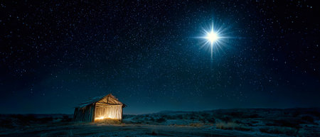 A radiant star illuminates the humble manger in a serene night scene, evoking feelings of Christmas hope and joy among the twinkling stars above.の素材