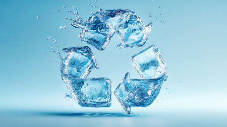 A transparent recycling symbol made of water displays on a light blue background with studio lighting. The design showcases detail and clarity, suitable for various uses.の素材