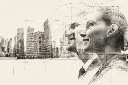 A vibrant mix of urban scenery and artistry combines stunning city skylines with human expressions, merging photography and hand-drawn elements creatively.の素材