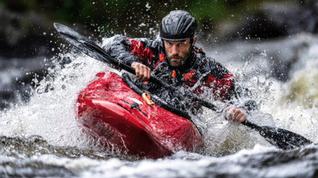 A skilled kayaker navigates through turbulent river rapids, splashes of water flying as he paddles fiercely.の素材