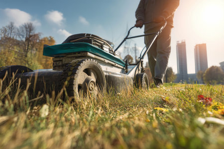 A man is moving his lawn with garden equipment under bright sunlight in a clear outdoor scene. Tall buildings can be seen in the background on a sunny day.の素材