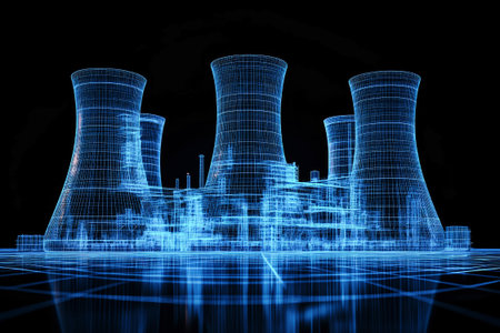 This digital illustration highlights a glowing wireframe nuclear power plant, symbolizing innovative future energy solutions against a dark background.の素材