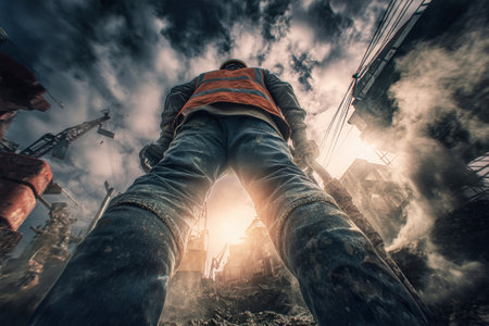 Construction worker uses a jackhammer in a busy urban area as clouds gather, creating a dramatic backdrop in the late afternoon light.の素材