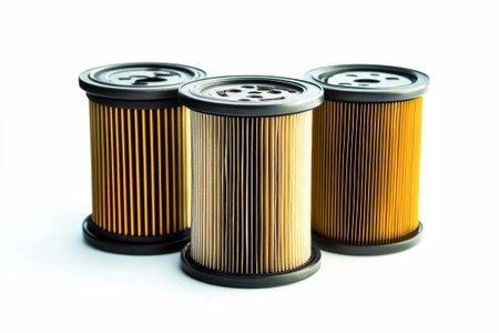 Three styles of car oil filters are displayed against a white background, highlighting their design and texture with clear, professional lighting and sharp focus.の素材