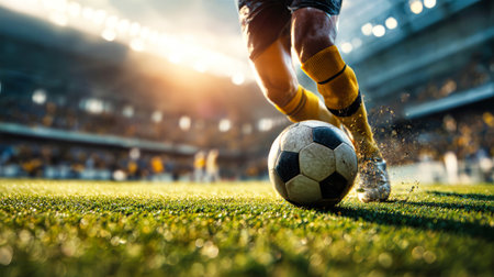 Player skillfully dribbles a clean soccer ball across a dry stadium field while the crowd watches and sunlight creates a vibrant atmosphere.の素材