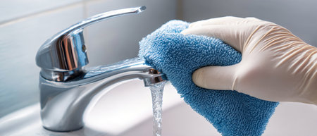 Hand in white gloves gently wipes a shiny bathtub faucet with a vibrant blue microfiber cloth, showing a clean bathroom environment with natural light.の素材