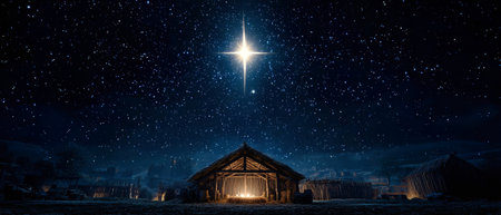 Bright light from the Star of Bethlehem shines above the manger, creating a serene atmosphere filled with hope during a peaceful night.の素材