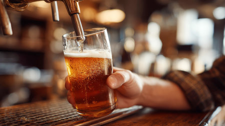 A young man's hand pours a golden beer into a frosted glass at a cozy bar, surrounded by rustic wood decor and an inviting ambiance.の素材
