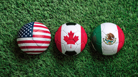 US, Canadian, and Mexican flags rest on bright green lawn with a soccer ball nearby, ideal for sports event promotion or display in advertising materials.の素材