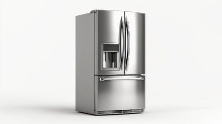 This realistic 3D render showcases a stainless steel refrigerator in a pristine white setting, ideal for modern kitchen designs and advertising materials.の素材