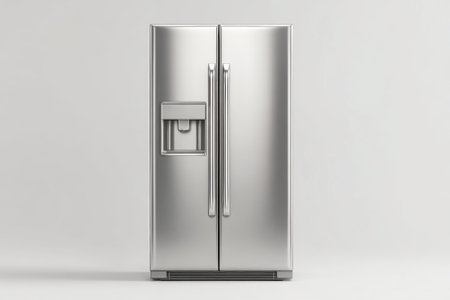 Showcasing a sleek stainless steel refrigerator isolated on a white backdrop, exhibiting fine details in natural light with sharp focus and minimalistic style.の素材