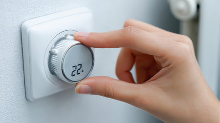 A hand delicately adjusts the heating dial on a wall, setting a comfortable temperature in a bright and inviting room, perfect for relaxation.の素材