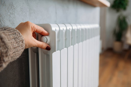 A close-up of a woman's hand turning the heater in a contemporary interior, showcasing sleek design elements and inviting warmth in a minimalist space.の素材