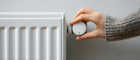Female hand gently adjusts the thermostat of a sleek heating battery, embodying minimalist interior design against a pristine white wall.の素材
