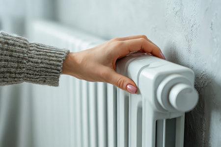 A woman's hand reaches to control a sleek heater in a minimalist interior, highlighting the blend of comfort and modern aesthetics in home heating.の素材