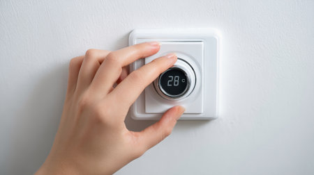 A hand adjusts the temperature on a central heating dial mounted on a wall, aiming for a cozy atmosphere and comfort in the living space.の素材