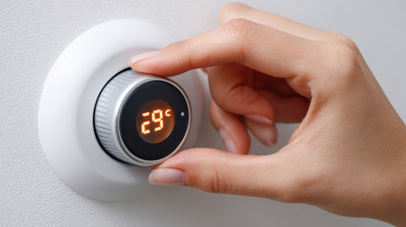 A hand gently turns the central heating dial on a wall plate, adjusting the temperature for a warm and inviting atmosphere in a tranquil living space.の素材