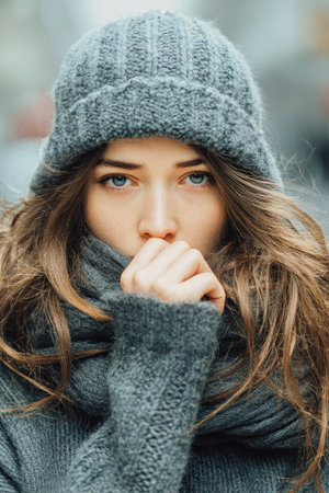 Struggling with a cold, a girl in a thick scarf and knit hat gazes thoughtfully into the distance, surrounded by the vibrant city atmosphere on a crisp winter day.の素材