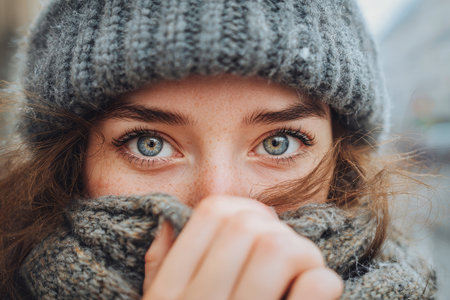 On a chilly winter day, a girl wraps herself in a warm scarf while showing sparkling eyes that reflect a sense of wonder and resilience.の素材