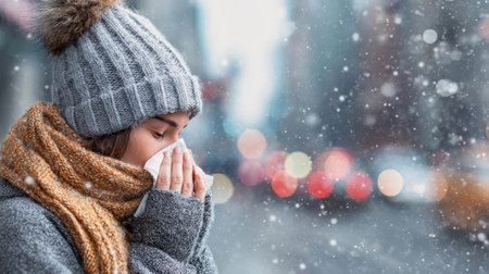 A young girl stands in a snowy urban landscape, clutching a tissue. She is bundled in a cozy hat and scarf, fighting a cold while surrounded by winter beauty.の素材