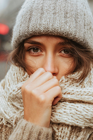 Girl stands on a busy street, bundled in a cozy scarf and hat, her eyes reflecting a mix of warmth and discomfort from the cold air around her.の素材