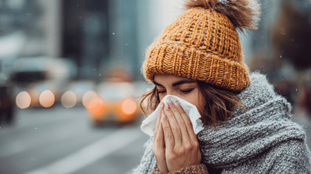 Wrapped in a warm scarf, the girl clutches a tissue to her nose, fighting a cold in the hustle of the busy winter city, with snowy flurries dancing around her.の素材